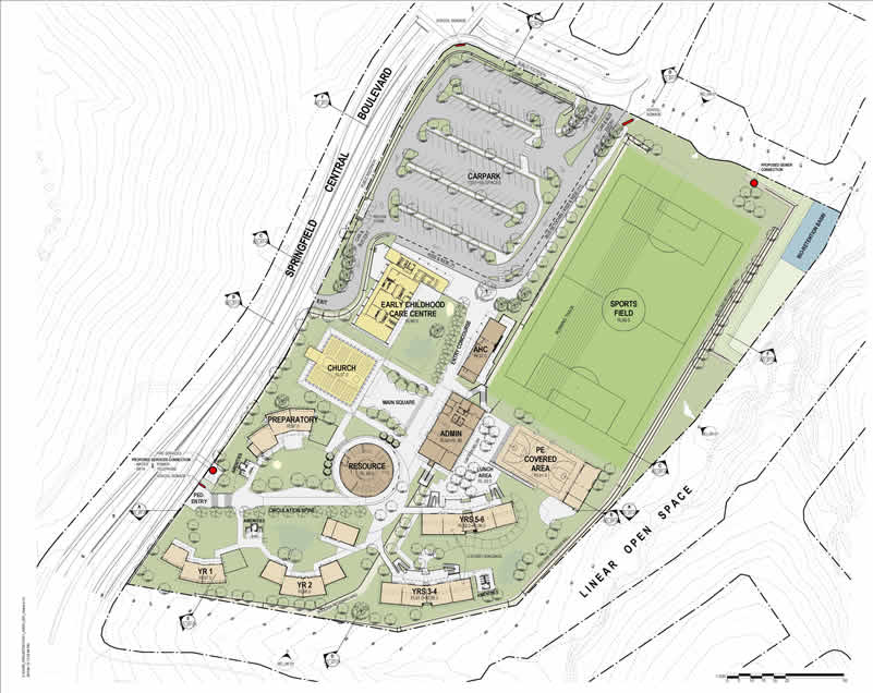Illustrated site plan of a school campus showing buildings, car park, sports field and landscaped areas. The layout includes labelled zones such as Early Childhood and Care Centre, Church, Administration, Resource building, ARC, Preparation, and multiple learning areas (YR1–YR6). A large green sports field with marked courts is positioned on the right, with a PE covered area nearby. A central car park sits at the top of the site near Springfield Central Boulevard. Paths, trees and open spaces connect the buildings, with surrounding roads and a labelled linear open space along the lower edge.